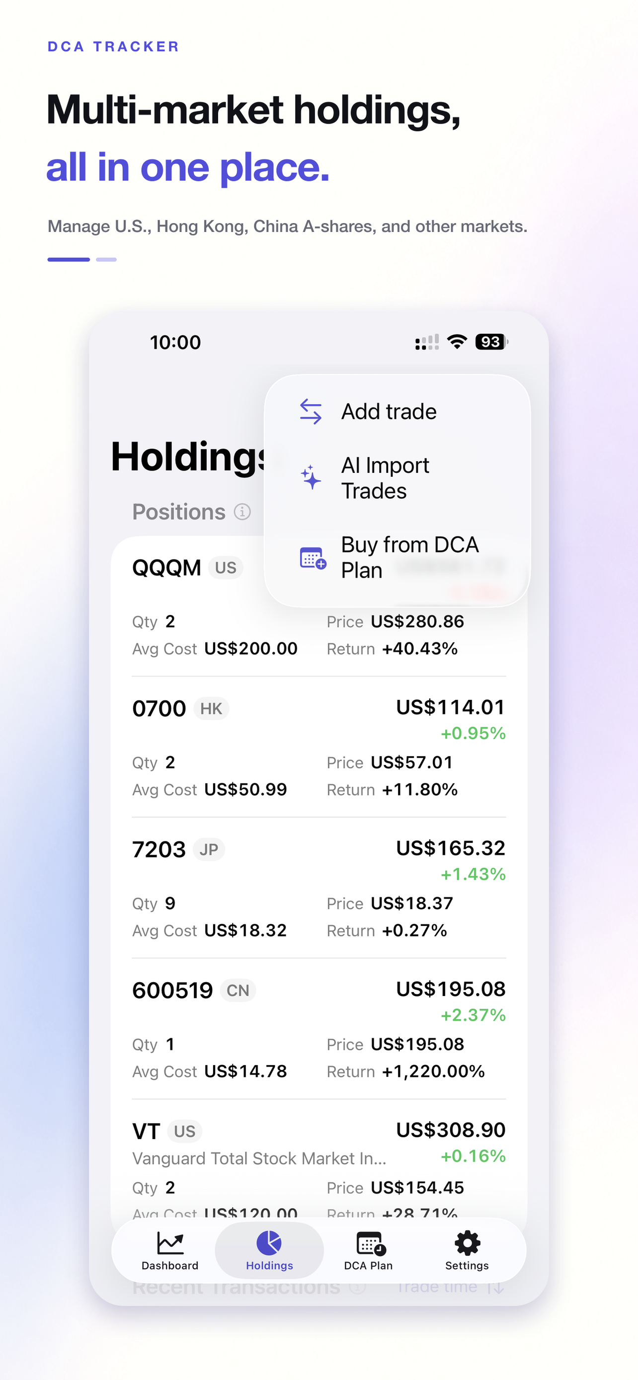 DCA Portfolio Tracker holdings showing positions across global markets